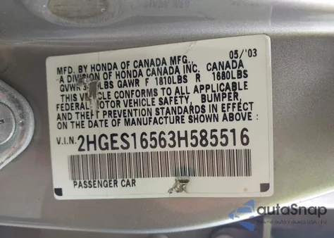 2003 Honda Civic Lx из США, поврежденный, VIN 2HGES16563H585516